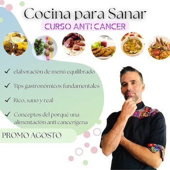 Hombre con barba y chaqueta de chef colorida presentando un curso de cocina con imágenes de varios platos saludables y texto informativo