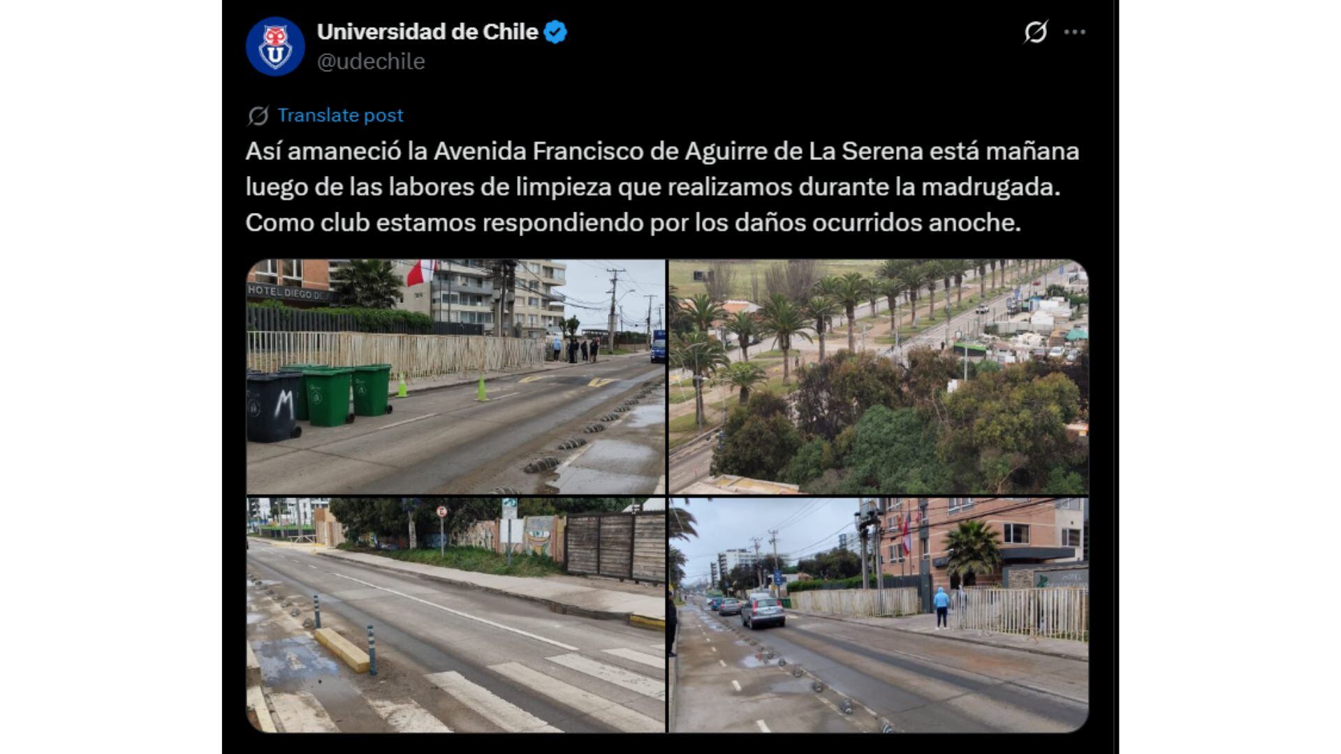 U. de Chile limpió las calles luego de controversial banderazo realizado por sus hinchas en La Serena.