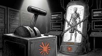 Una palanca de control frente a una cápsula encadenada con una figura humanoide, pantallas de servidores y dos logotipos de asterisco naranja.
