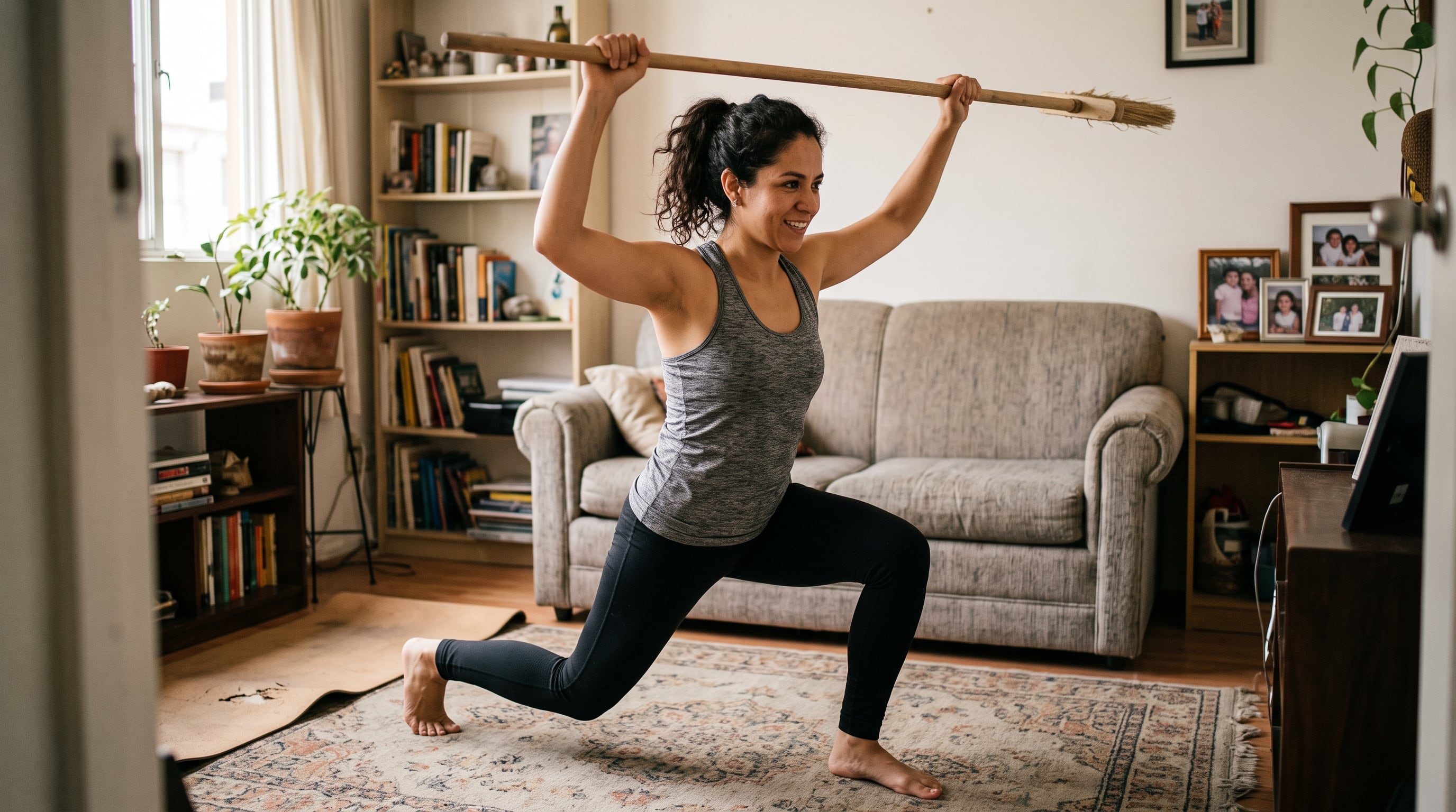Una mujer realiza flexiones de piernas y sostiene el palo de una escoba sobre su cabeza en la sala de su vivienda. (Imagen Ilustrativa Infobae)