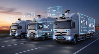 Tres camiones de carga blancos con interfaces holográficas azules visibles avanzan por una autopista, con un paisaje urbano iluminado en el horizonte al atardecer.
