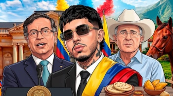 Caricatura de Gustavo Petro en podio, Westcol con banda tricolor al centro y Álvaro Uribe Vélez con sombrero vaquero, con fondos distintivos y comida.
