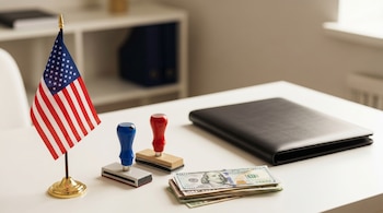 Una bandera de Estados Unidos, dos sellos de goma, una pila de billetes de dólar de diferentes denominaciones y una carpeta negra sobre un escritorio blanco.