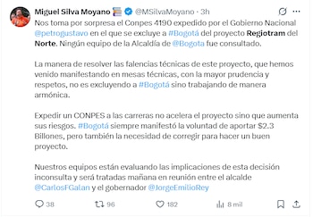La capital colombiana queda por fuera del esquema de financiación del Regiotram, pese a que la mayoría de estaciones estarán en Bogotá - crédito Miguel Silva/X