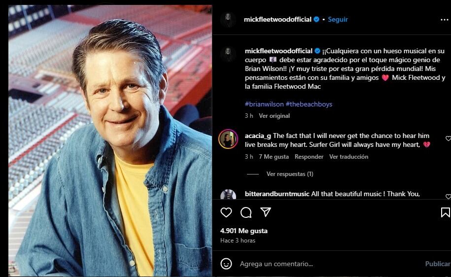 Mick Fleetwood no escatimó en elogios para Brian Wilson. (Instagram/Mick Fleetwood)