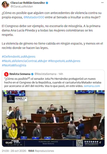 Clara Luz Roldán rechazó la presencia de Matador en el Senado y pidió respeto por la primera dama - crédito @ClaraLuzRoldan/X