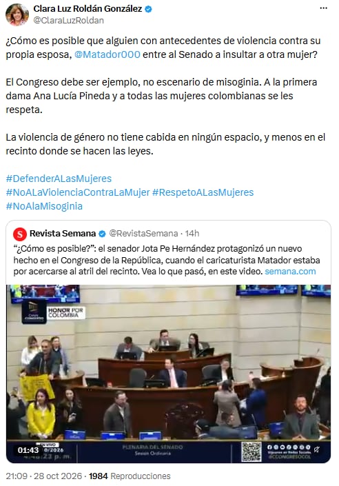 Clara Luz Roldán rechazó la presencia de Matador en el Senado y pidió respeto por la primera dama - crédito @ClaraLuzRoldan/X