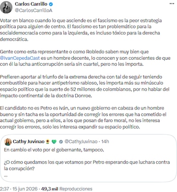 Carlos Carrillo criticó a sectores de centro por favorecer la extrema derecha con el voto en blanco - crédito @CarlosCarrilloA/X