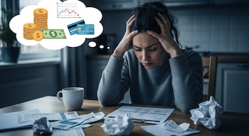Mujer estresada con manos en la cabeza sentada en una mesa con papeles y una taza. Sobre ella, una burbuja con dinero, tarjetas de crédito y un gráfico financiero.