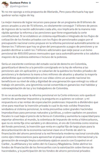 Gustavo Petro propuso alternativas fiscales ante la crisis de Colombia Mayor - crédito @petrogustavo/X