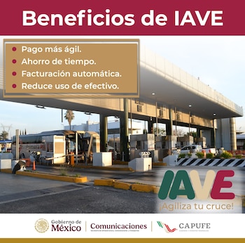 Imagen informativa sobre IAVE, mostrando un autobús y una camioneta en una caseta de cobro de CAPUFE con múltiples carriles