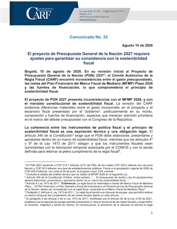 El Carf advirtió que el proyecto de PGN 2027 requiere ajustes para garantizar su consistencia con la sostenibilidad fiscal - crédito Carf