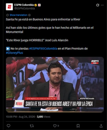 El comunicador detalló el mal momento que vive el cuadro Millonario desde sus fallas a nivel defensivo-crédito @ESPNColombia/X