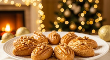 Primer plano de galletas Melomakarona bañadas en miel y nueces sobre un plato blanco. Al fondo, una chimenea encendida y un árbol de Navidad iluminado.