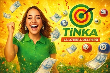 Ilustración de una mujer sonriente y feliz con el puño en alto, rodeada de billetes, confeti y bolas de lotería, con el logo de Tinka al fondo.