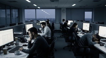 Oficina de planta abierta con varios empleados en escritorios, usando monitores, teclados y ratones. Se ven teléfonos, papeles y tazas