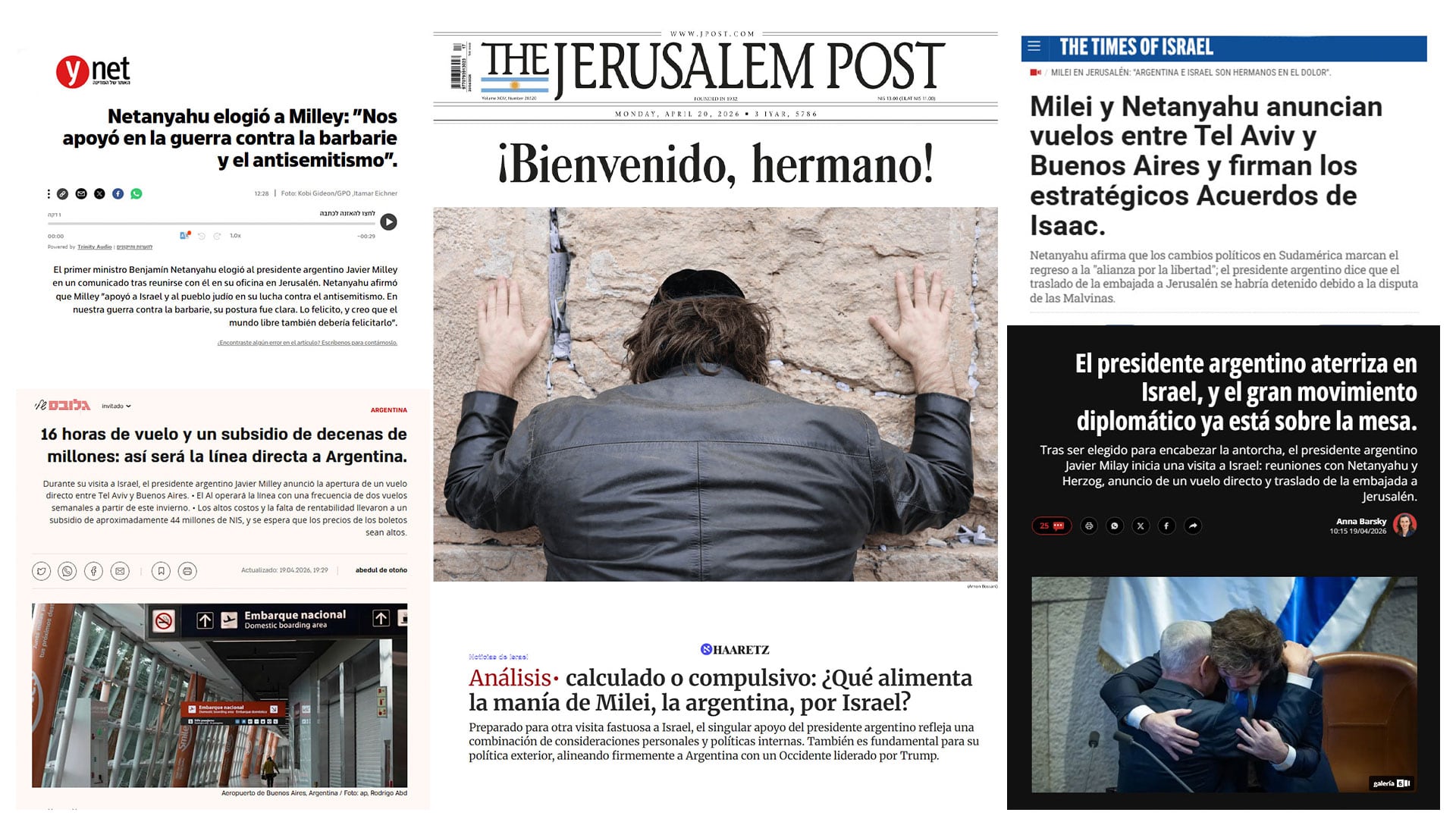 Los principales medios israelíes reaccionaron a la visita del presidente argentino Javier Milei y los acuerdo alcanzados con Netanyahu (Composición fotográfica de Infobae)