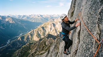 Una persona con casco, arnés y calzado de escalada asciende una pared vertical de piedra junto a una cuerda y mosquetones.