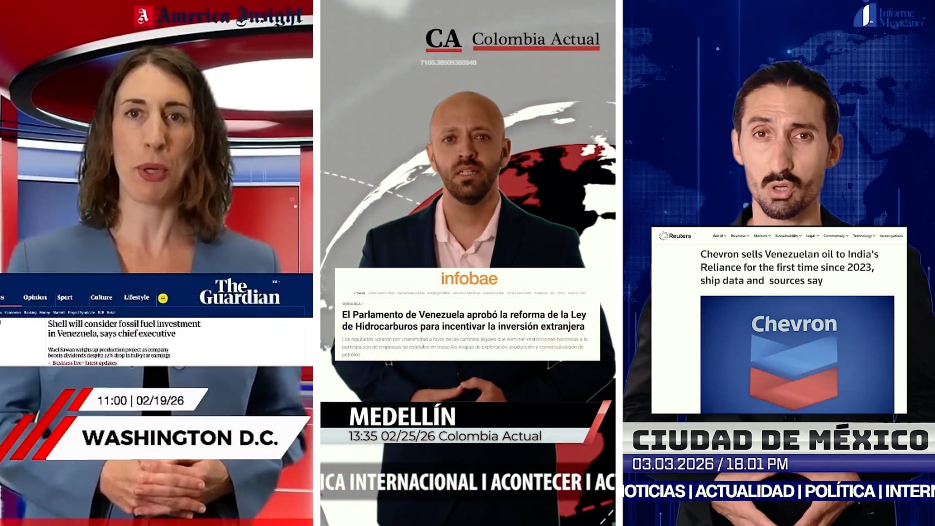 Actores, locutores y modelos radicados en Argentina interpretaron a presentadores usando diversos acentos para simular noticieros internacionales.