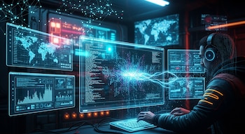 Se ve a un hacker con auriculares trabajando en un teclado frente a múltiples pantallas holográficas que muestran código, mapas de datos y gráficos en un entorno oscuro y futurista.