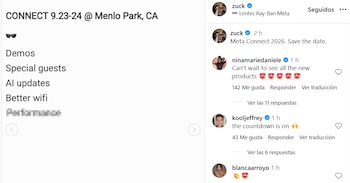 Captura de pantalla de una publicación de Instagram de Mark Zuckerberg, que anuncia Meta Connect 2026. Muestra texto sobre demos, IA y wifi, con comentarios de usuarios