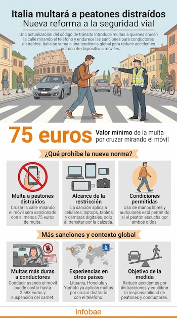 Infografía con la ilustración de un policía indicando una falta a un peatón que cruza un paso de cebra mirando su teléfono.