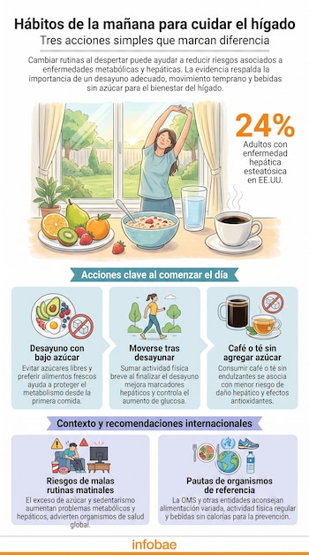 Infografía titulada Hábitos de la mañana para cuidar el hígado, muestra una mujer estirándose, desayuno, café y paneles con consejos y datos sobre salud.