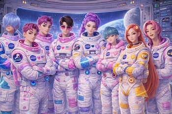 Ilustración de ocho astronautas estilo K-Pop en una nave espacial. Visten trajes espaciales blancos con detalles vibrantes de rosa, azul y amarillo, y emblemas de NASA y Artemis. La Tierra y la Luna se ven por la ventana.