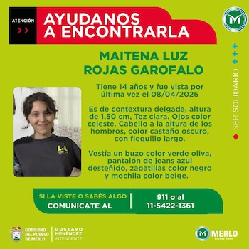 Un cartel verde lima con texto en rojo y verde oscuro, que muestra una foto de Maitena Luz Rojas Garófalo, una joven sonriente de pelo castaño