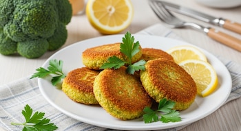 Plato de cerámica blanco con cinco croquetas doradas de brócoli, rodajas de limón y ramitas de perejil fresco. Fondo de madera clara con utensilios.