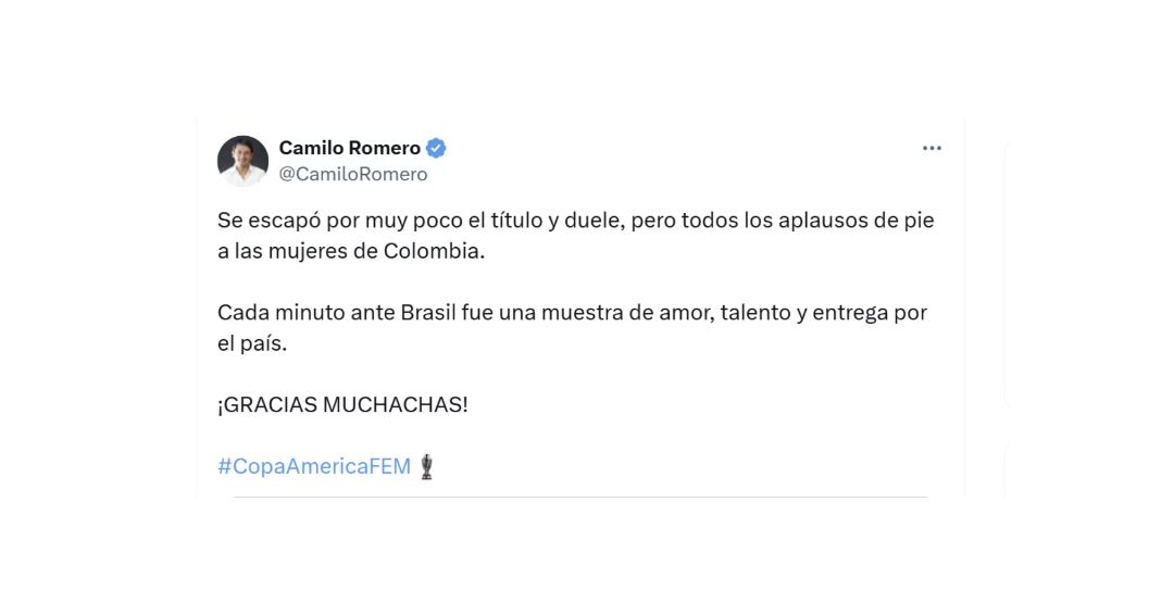 El exembajador Camilo Romero felicitó al seleccionado femenino - crédito @CamiloRomero/X