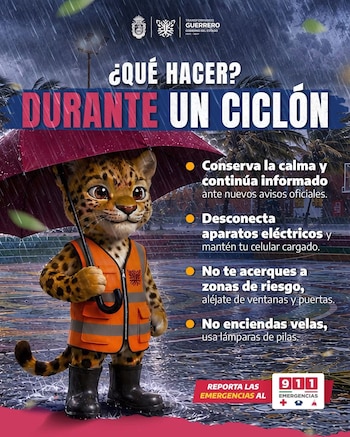 Foto de uma onça animada usando roupas refletivas e botas sob um guarda-chuva, dando conselhos sobre segurança contra tufões em Guerrero