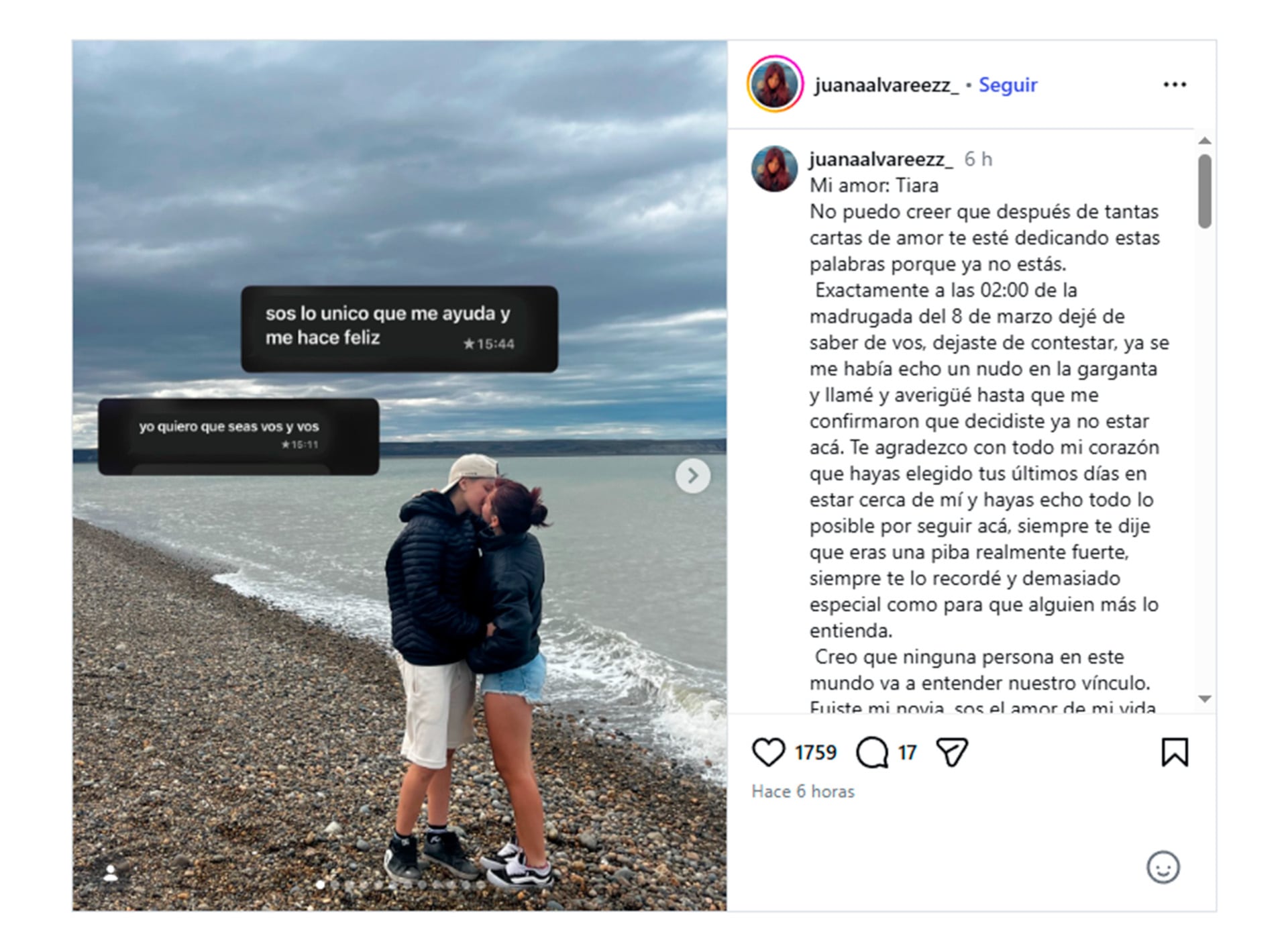 La dolorosa despedida de la novia de Tiara (Instagram: @juanaalvareezz_)