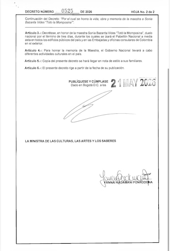 La bandera nacional ondeará a media asta en todos los edificios públicos durante el duelo oficial en memoria de la artista Sonia Bazanta Vides - crédito Ministerio de las Culturas