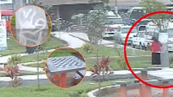 Captan a mujer adulta mayor vandalizando parque que se iba a inaugurar en SJM: dañó bancas y mesas recreativas