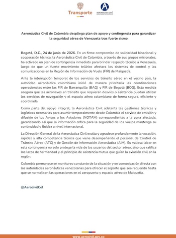 Aeronáutica Civil despliega plan de apoyo y contingencia para garantizar la seguridad aérea de Venezuela tras fuerte sismo - crédito @AerocivilCol/X