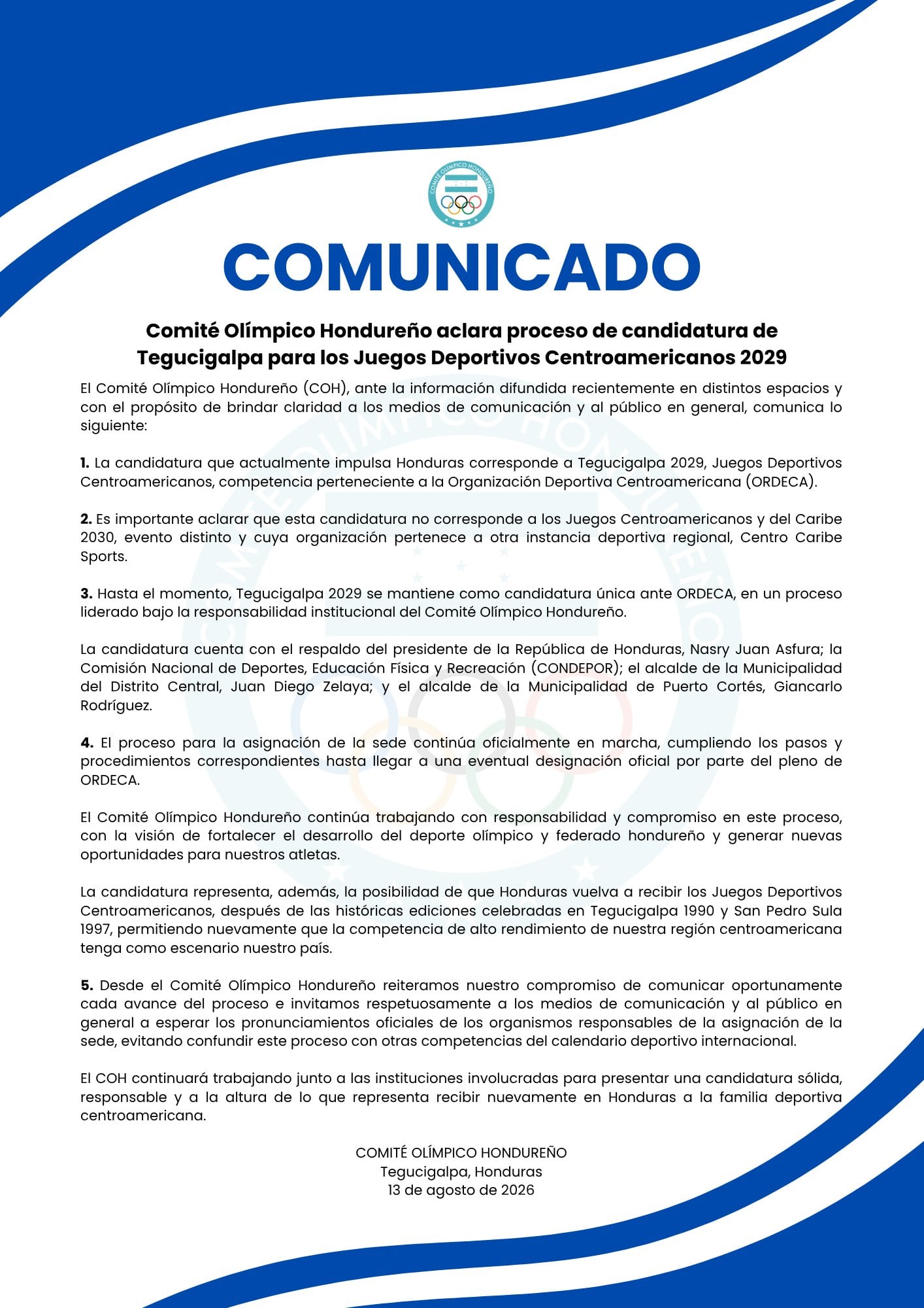 El Comité Olímpico Hondureño aclaró que la postulación de Tegucigalpa es para los Juegos Deportivos Centroamericanos 2029 y no para los Juegos Centroamericanos y del Caribe 2030. (Cortesía: Comité Olímpico de Honduras)