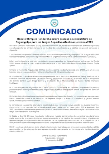 El Comité Olímpico Hondureño aclaró que la postulación de Tegucigalpa es para los Juegos Deportivos Centroamericanos 2029 y no para los Juegos Centroamericanos y del Caribe 2030. (Cortesía: Comité Olímpico de Honduras)