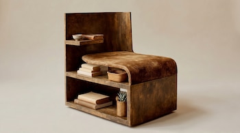 Una silla con estanterías integradas de madera oscura y asiento acolchado marrón. Contiene libros, un cuenco, una cesta tejida y una planta suculenta.