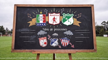 Pizarra en un campo de fútbol con escudos de América, Deportivo Cali, Santa Fe, Millonarios y Junior, símbolos gráficos y texto 'Tabla de posiciones'.