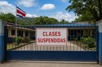 Portón azul con un cartel que dice Clases Suspendidas, una bandera de Costa Rica y un edificio escolar al fondo.