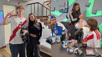 Dos fotografías compuestas: a la izquierda, un hombre y una mujer posan sonrientes; a la derecha, conversan en un set de transmisión