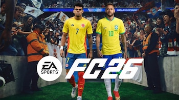 Luis Díaz con camiseta de Colombia y Neymar Jr. con camiseta de Brasil caminan hacia el campo de juego. El logo de EA Sports y FC26 aparecen sobre ellos.
