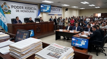 Sala de tribunal con jueces, abogados, acusado, periodistas y cámaras. Bandera de Honduras, documentos, monitores con infografía de lavado de activos y periódico.