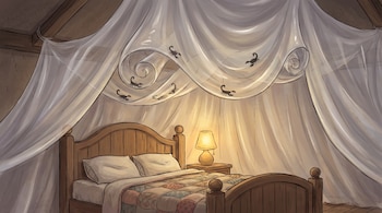 Ilustración de una cama de madera con un dosel protector translúcido sobre ella. Varios alacranes están visibles atrapados en los pliegues superiores.
