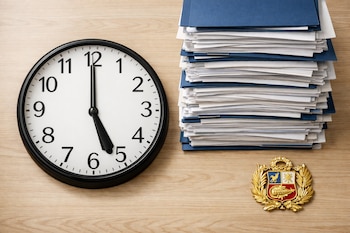 Fotografía cenital de un reloj analógico marcando las cinco, una pila de documentos en carpetas azules y un escudo nacional de Perú sobre una mesa de madera.