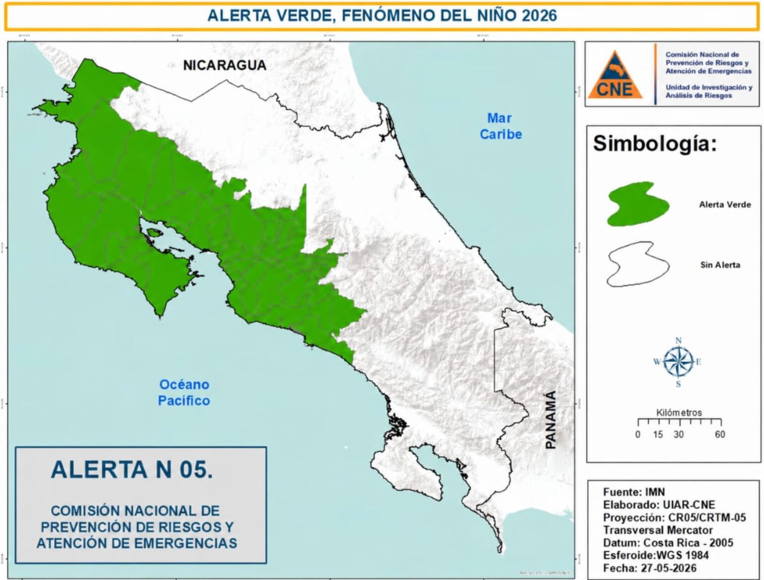 Sitios declarados con alerta verde ante los efectos del Fenómeno de El Niño en Costa Rica. Cortesía: CNE