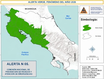 Sitios declarados con alerta verde ante los efectos del Fenómeno de El Niño en Costa Rica. Cortesía: CNE