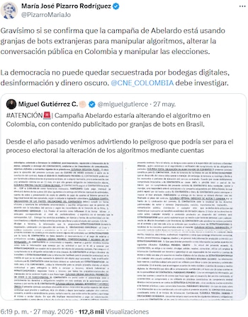 María José Pizarro pidió al Consejo Nacional Electoral investigar denuncias sobre algoritmos y bodegas digitales - crédito @PizarroMariaJo/X