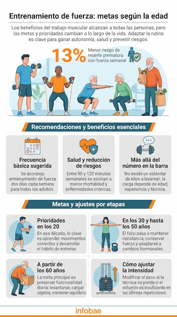 Ilustración de personas de distintas edades ejercitándose, junto a texto sobre metas y beneficios del entrenamiento de fuerza por etapas de la vida, y logo Infobae.